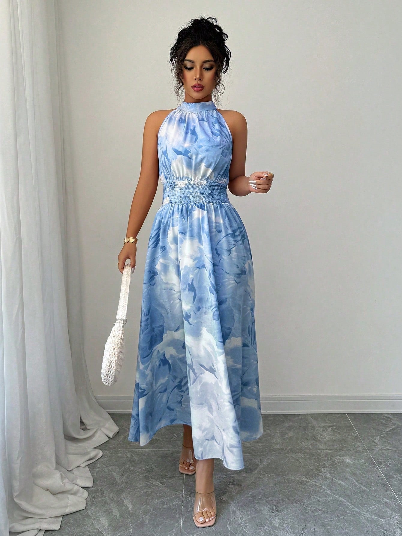 Modelyn Women's White And Blue Floral Summer Elegant Holiday Tea Party Maxi Dress