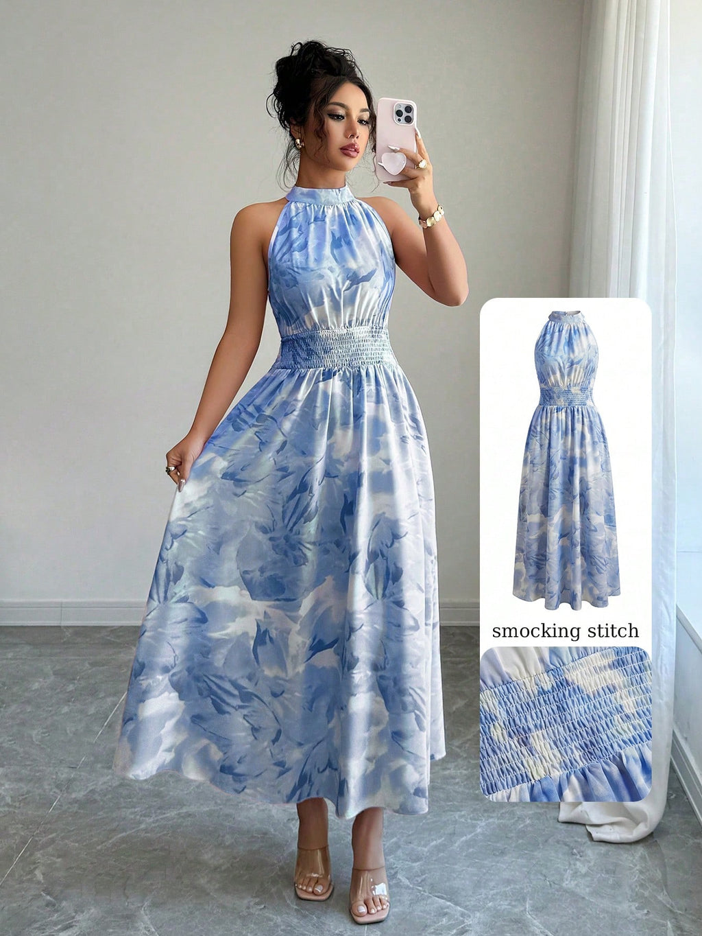 Modelyn Women's White And Blue Floral Summer Elegant Holiday Tea Party Maxi Dress