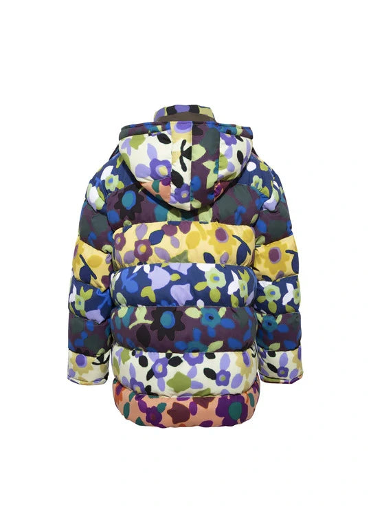 Colorful floral puffer jacket with a detachable hood, featuring bold multicolor patterns and a full front zipper - L