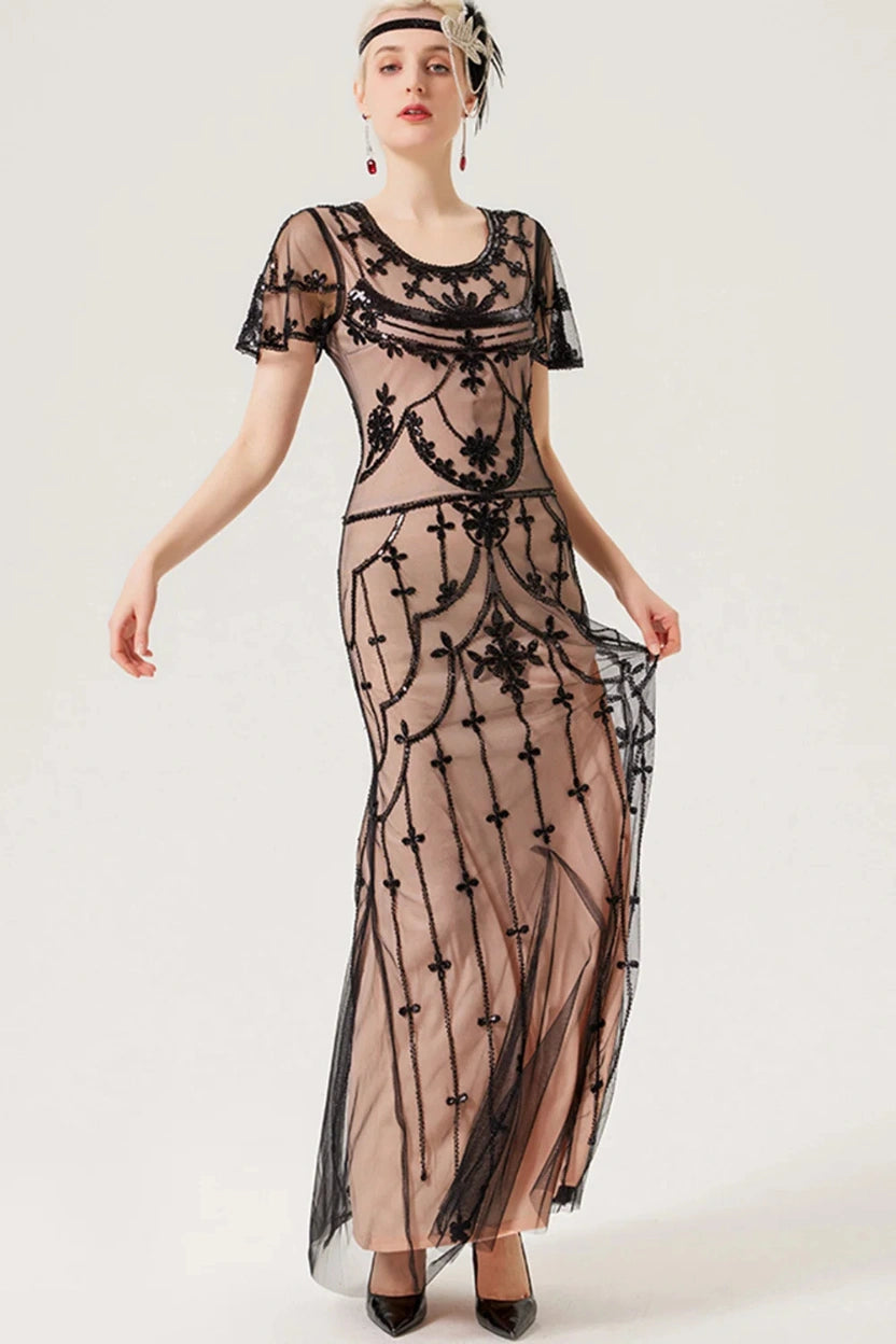1920s Sequin Beaded Mesh Maxi Gown