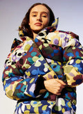 Colorful floral puffer jacket with a detachable hood, featuring bold multicolor patterns and a full front zipper - L