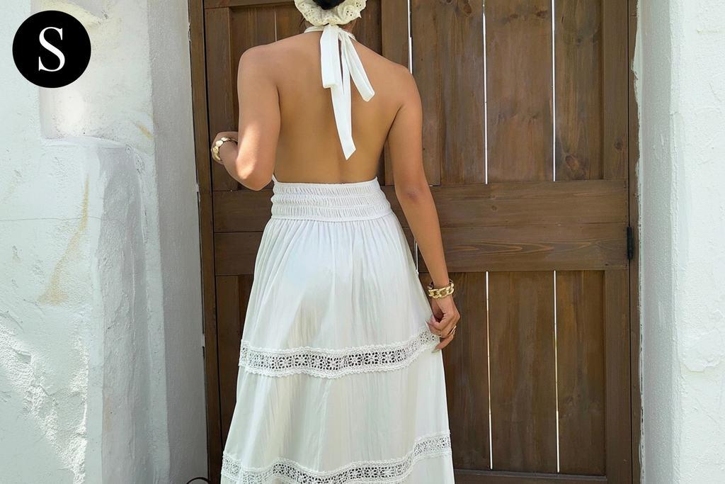 Sunnyshic White Linen Pleated Material Deep Shirred Halter Bowknot Backless Waist Gathered Dress