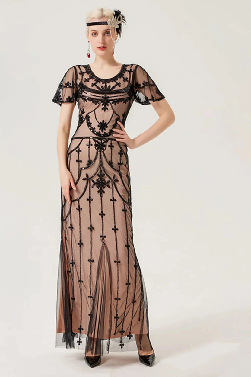 1920s Sequin Beaded Mesh Maxi Gown