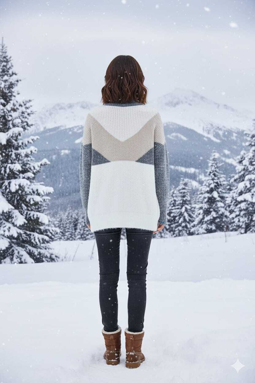A cozy, color-block sweater featuring a high mock neck and a button-front placket.