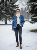 stylish, cropped blue tweed jacket with frayed trim and breast pockets, perfect for a chic winter look. - Small