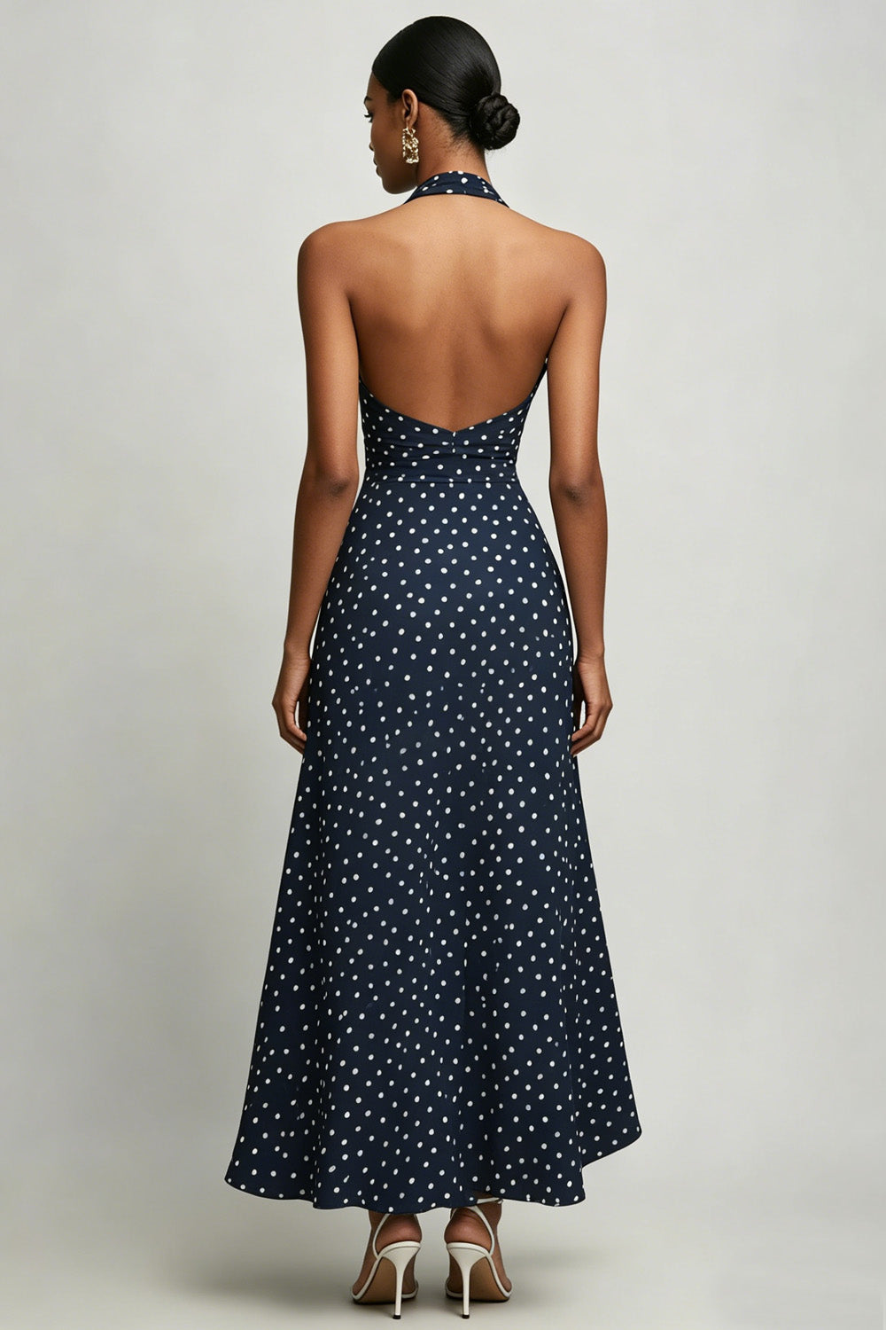 Navy and White Chiffon Halter A Line Boho Maxi Polka Dot Dress with Slit