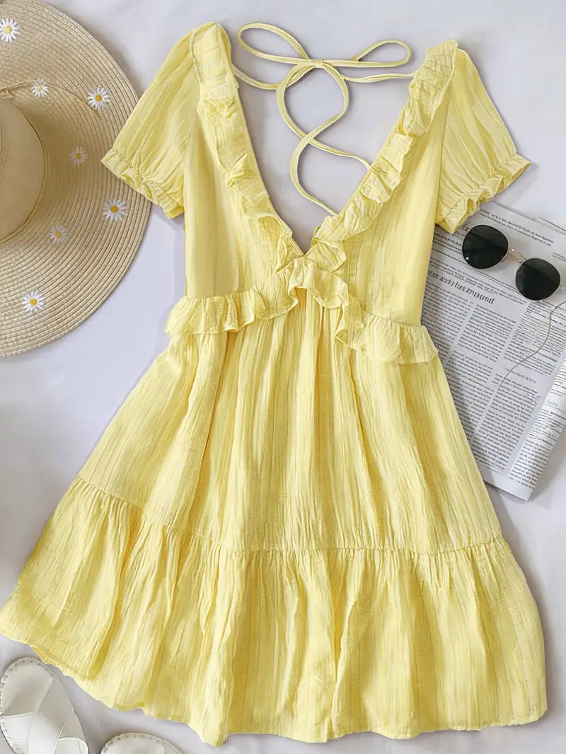 Sunshine Yellow Ruffle V-Neck Mini Dress