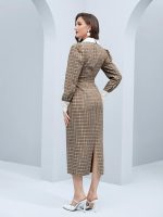 Plaid Print Contrast Collar Puff Sleeve Split Back Belted Dress - L
