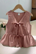 SHEIN Solid Apricot Elegant Embroidered Bowknot Sleeveless Ruffle Trim Shirt
