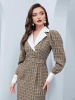Plaid Print Contrast Collar Puff Sleeve Split Back Belted Dress - L
