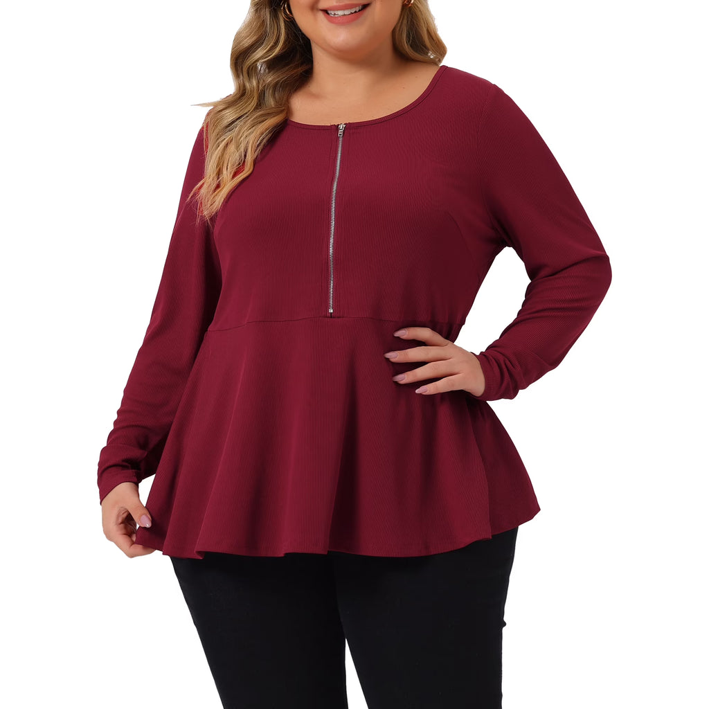 Agnes Orinda Women' s Blouses Half Zip Up Long Sleeve Ruffle Shirts Solid Tops 2X Burgundy - 2XL