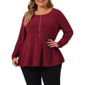 Agnes Orinda Women' s Blouses Half Zip Up Long Sleeve Ruffle Shirts Solid Tops 2X Burgundy - 2XL