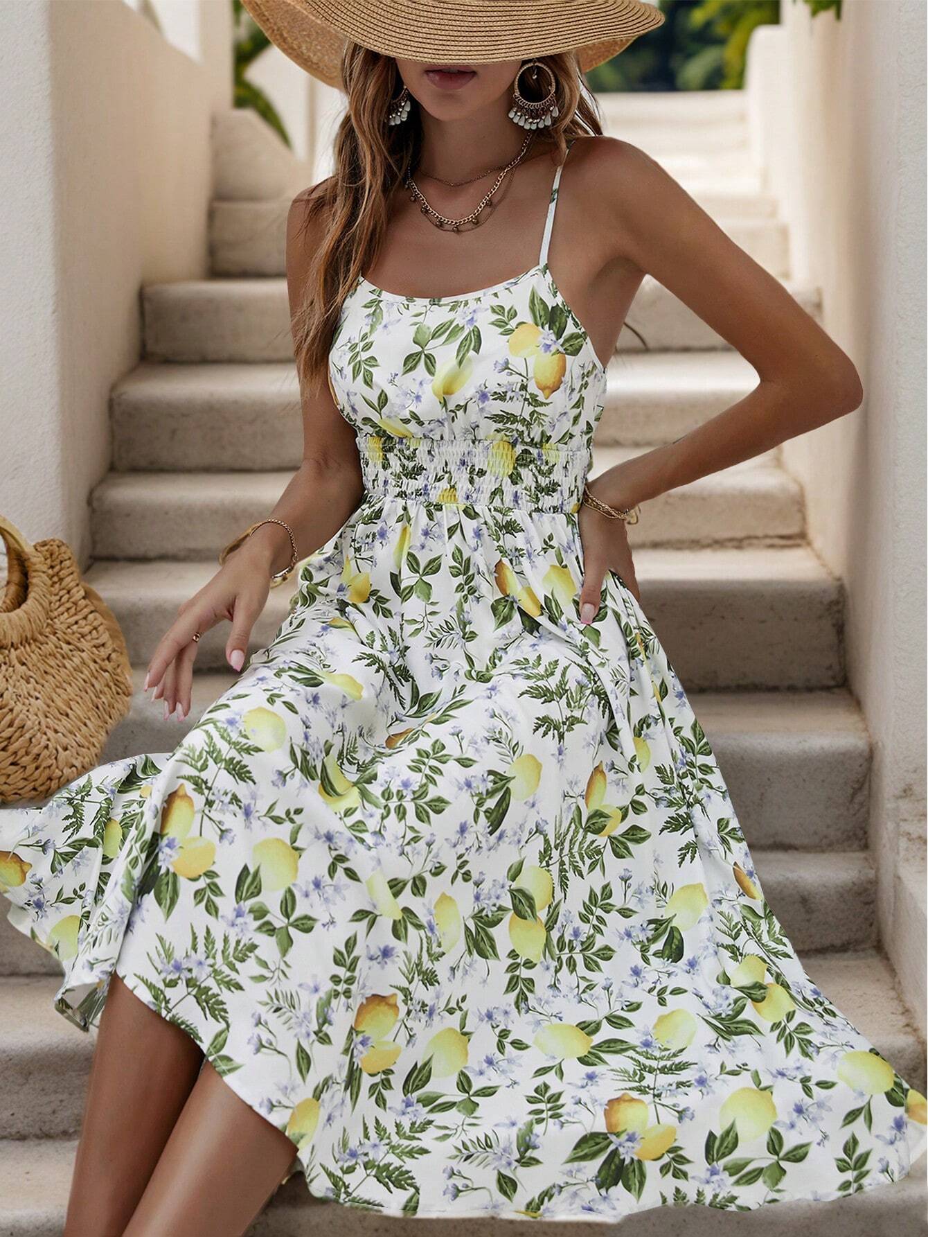 Lemon Pattern Print Waist Flounce Cami Dress