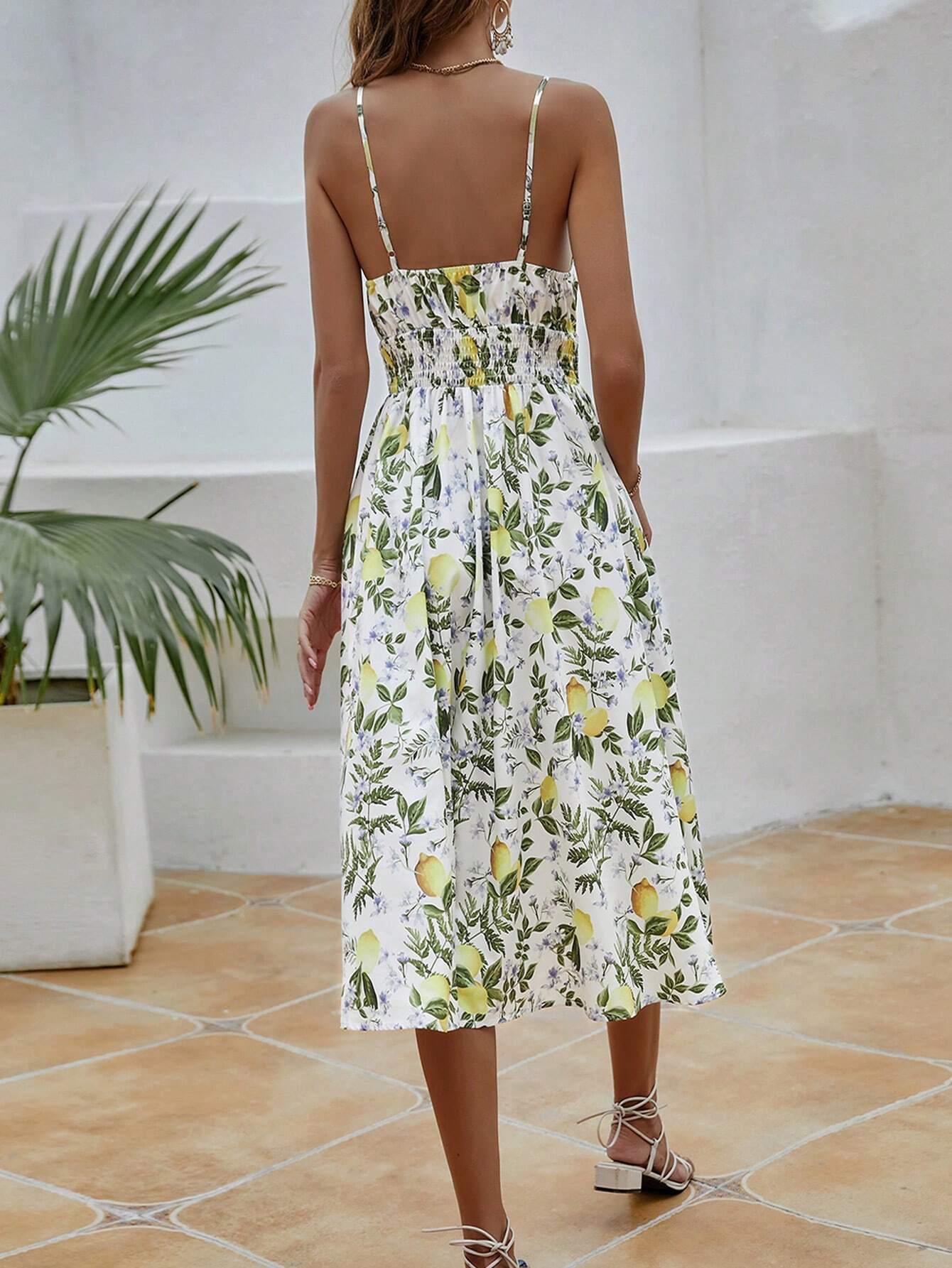 Lemon Pattern Print Waist Flounce Cami Dress