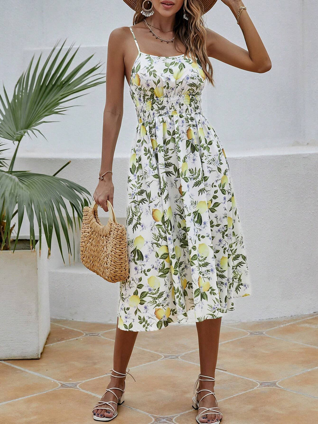Lemon Pattern Print Waist Flounce Cami Dress
