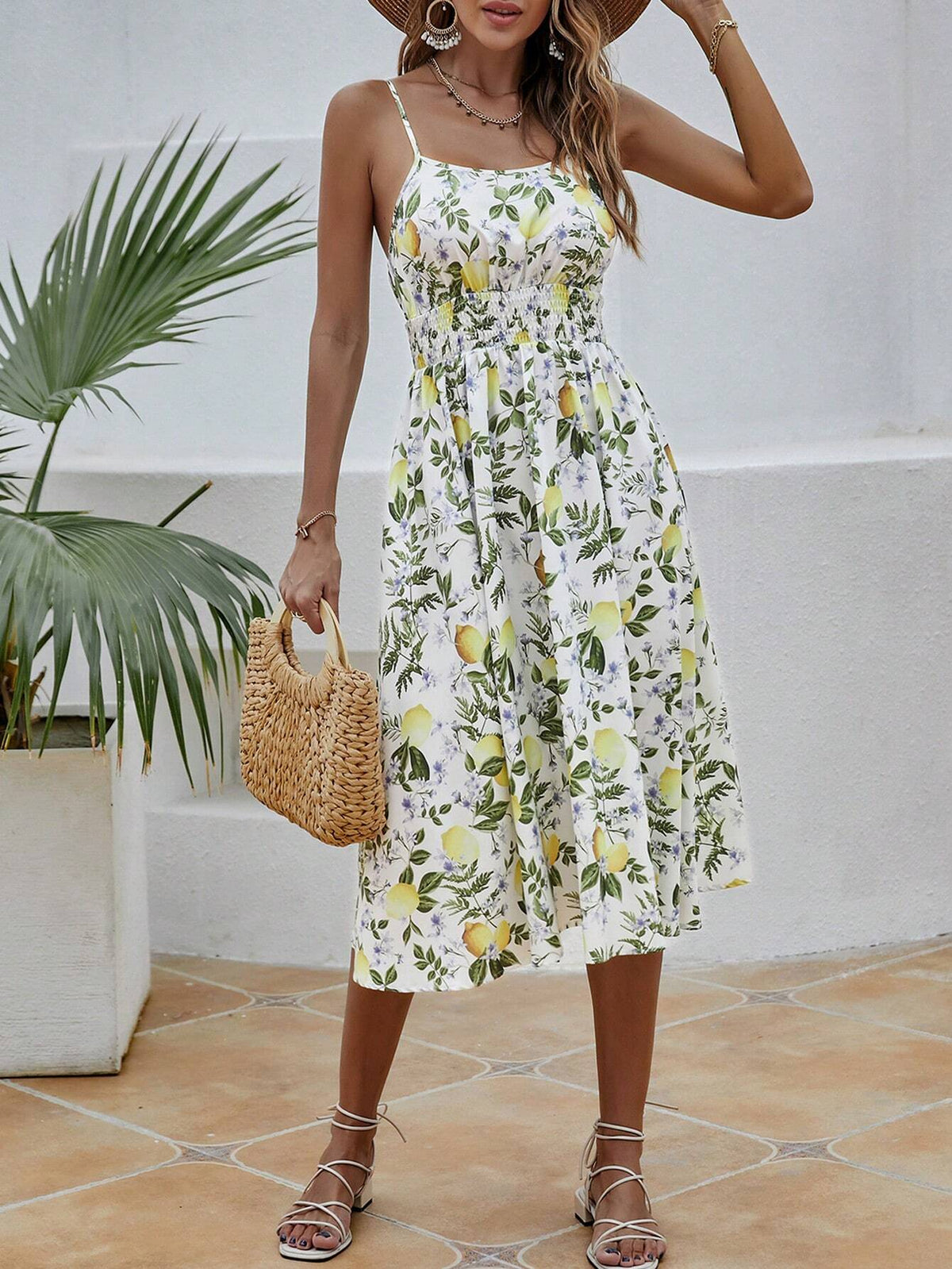 Lemon Pattern Print Waist Flounce Cami Dress