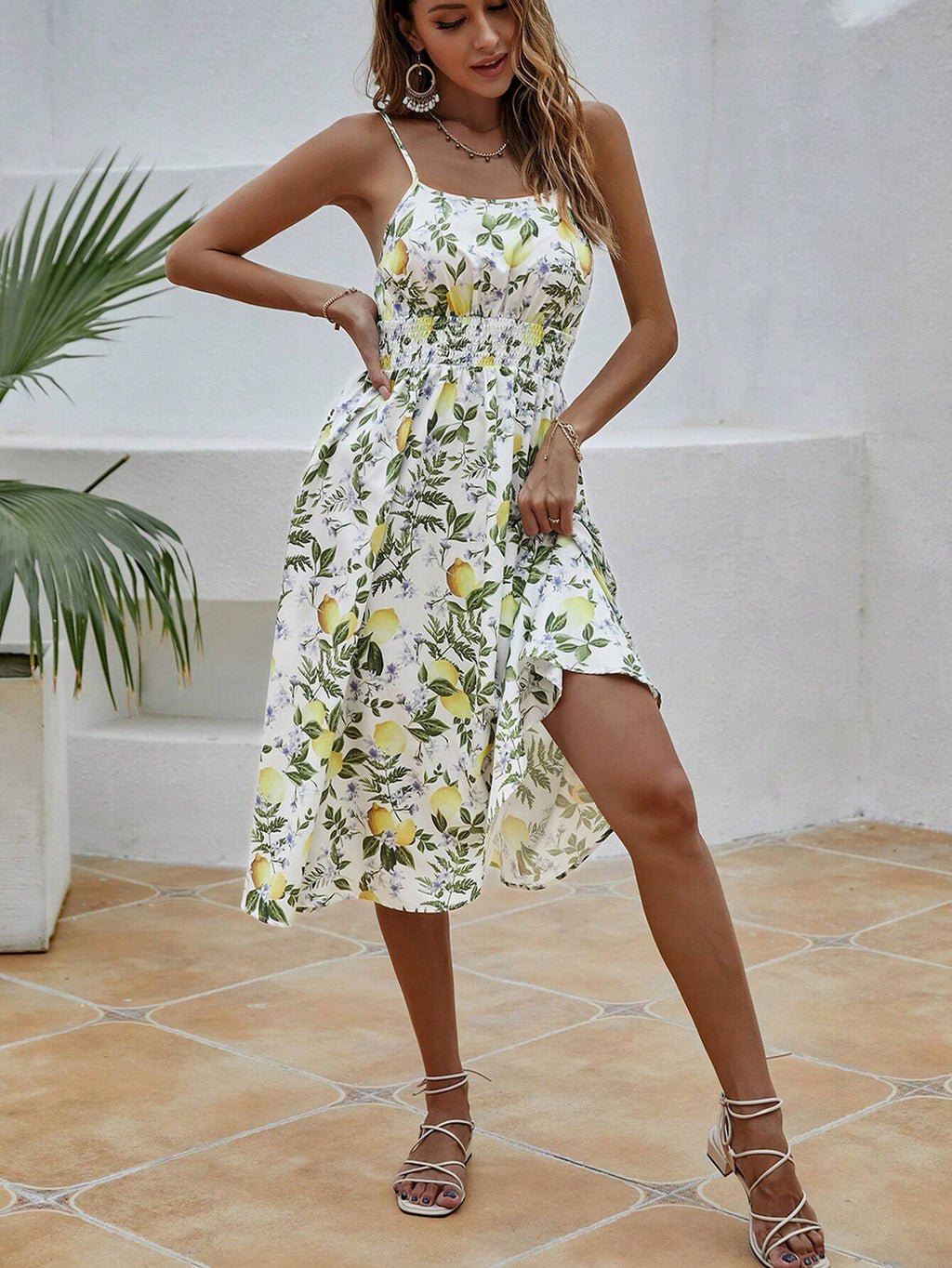 Lemon Pattern Print Waist Flounce Cami Dress