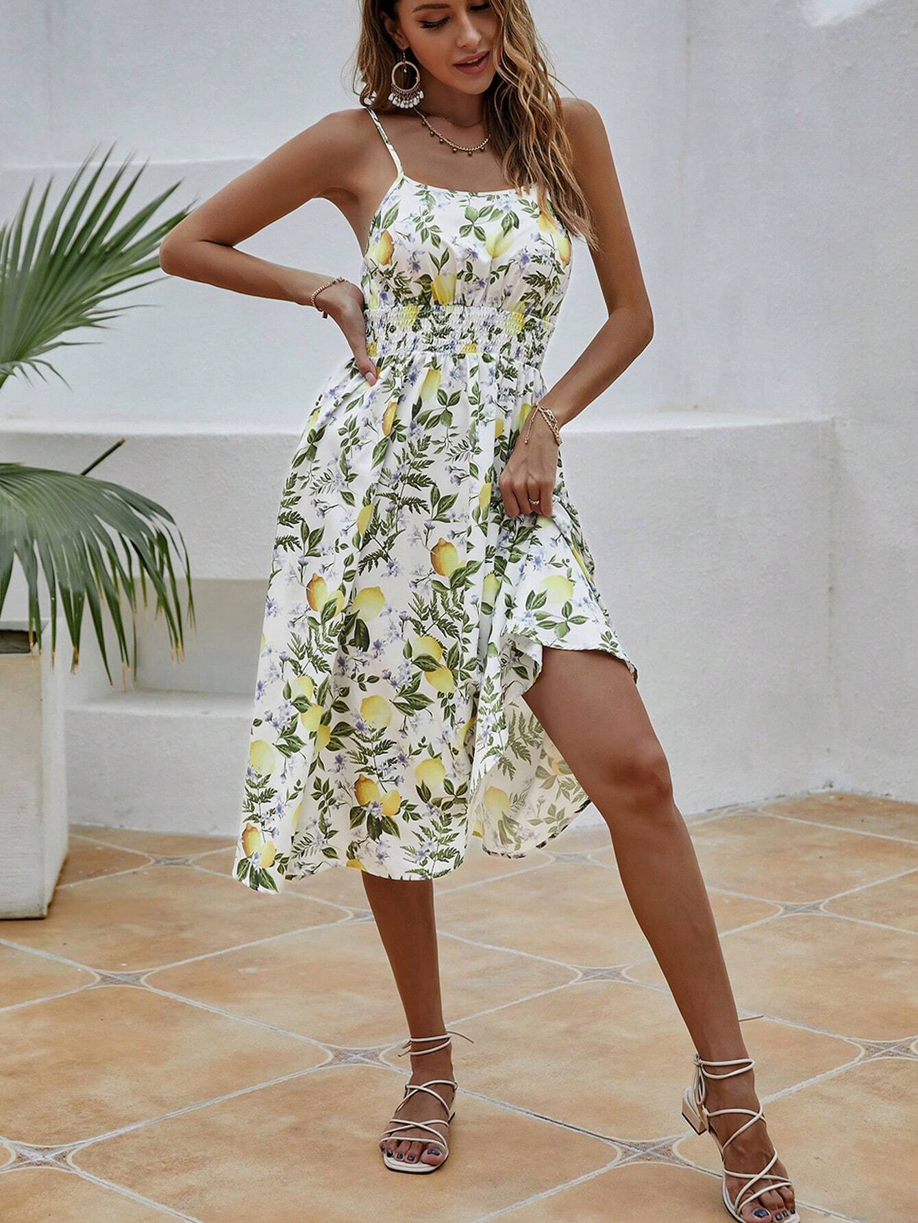 Lemon Pattern Print Waist Flounce Cami Dress