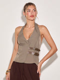 Women's Summer Elegant Khaki Green V-Neck Sleeveless Tank Top