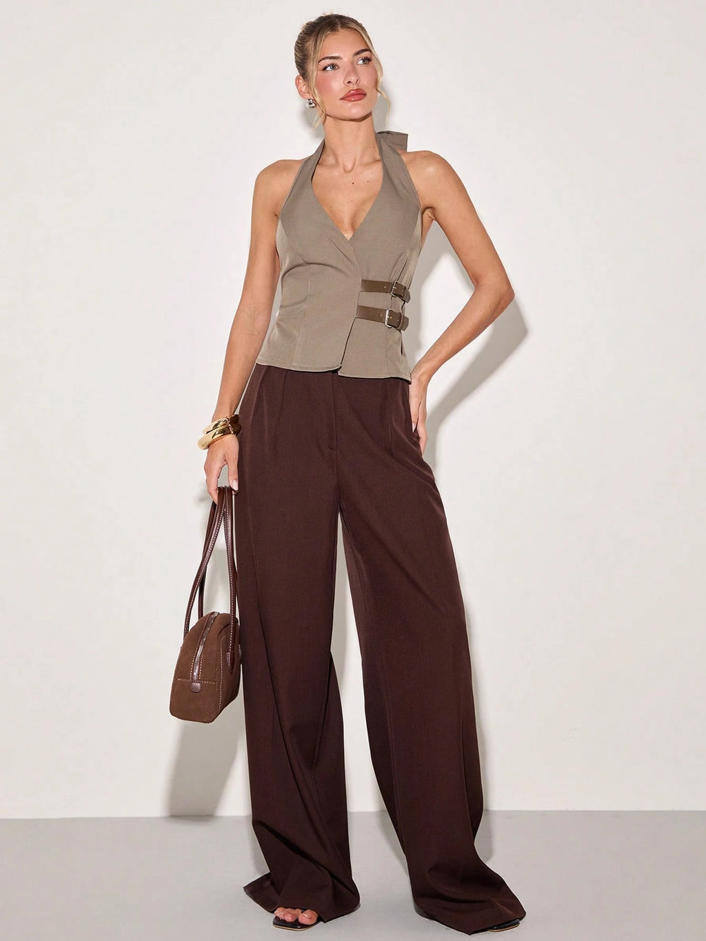 Women's Summer Elegant Khaki Green V-Neck Sleeveless Tank Top