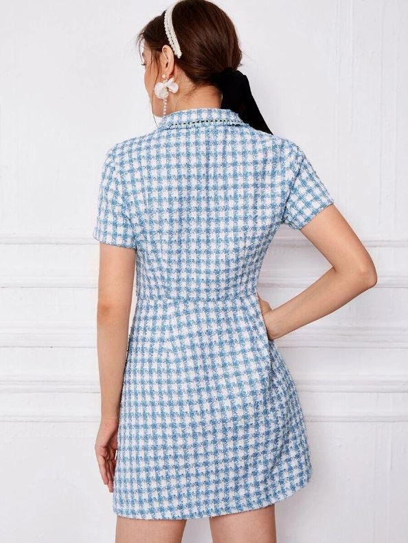 Plaid Raw Trim Tweed Dress - XS