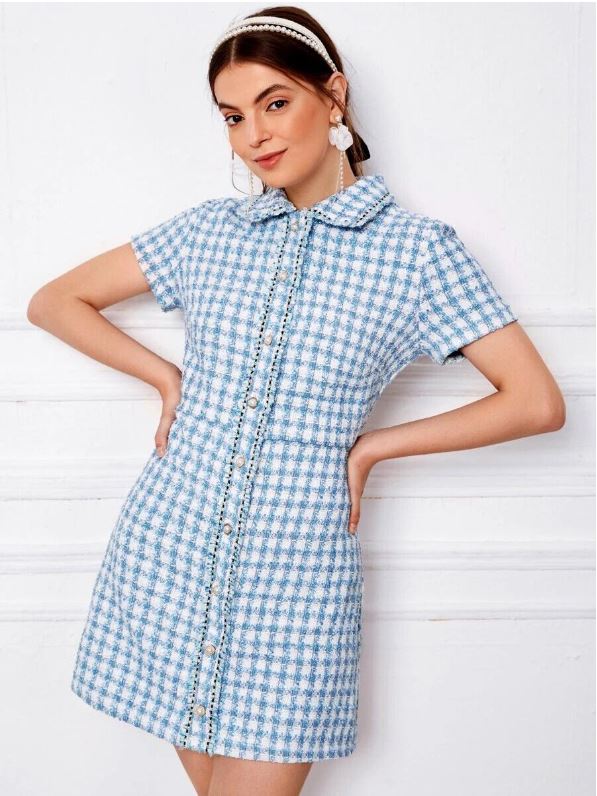 Plaid Raw Trim Tweed Dress - XS