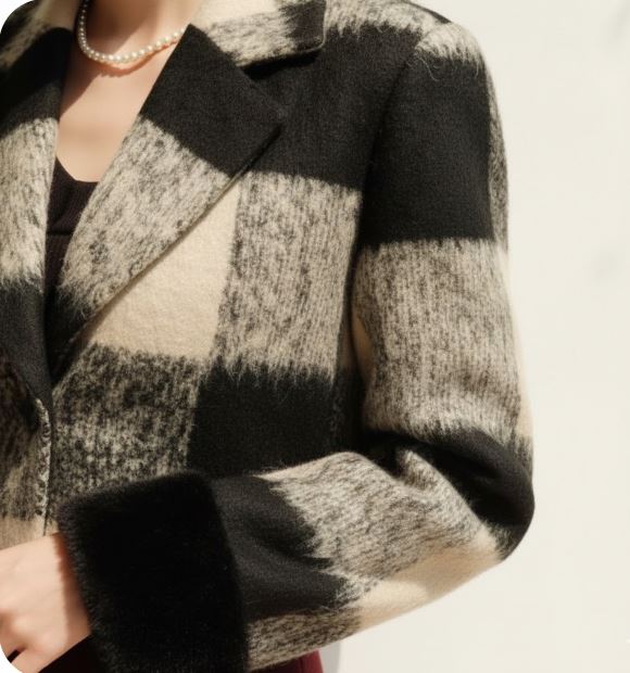 CROPPED, BLACK AND BEIGE CHECKERED WOOL JACKET WITH A NOTCHED LAPEL AND FAUX-FUR TRIM ON THE CUFFS. - M