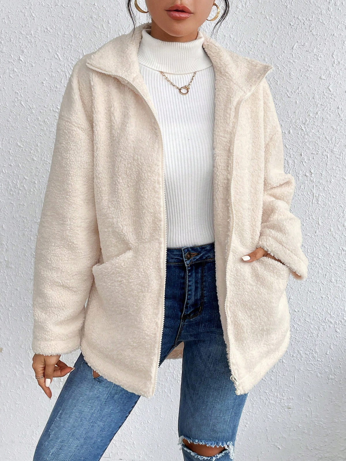 Teddy Jacket with Zipper and Drop Shoulder - Small