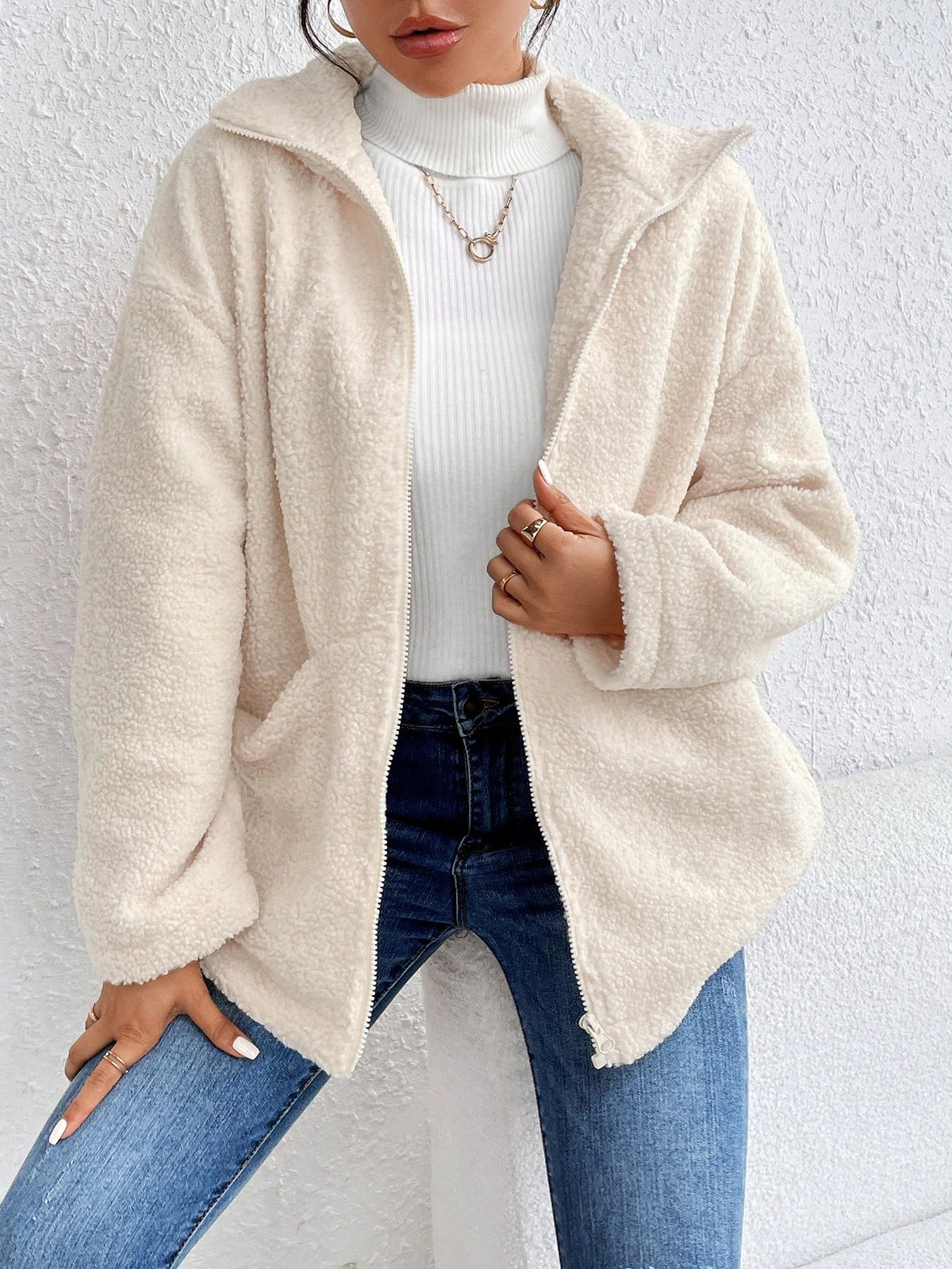 Teddy Jacket with Zipper and Drop Shoulder - Small