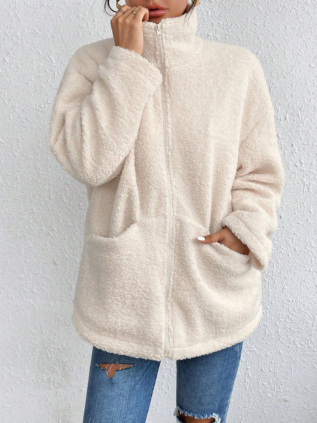 Teddy Jacket with Zipper and Drop Shoulder - Small
