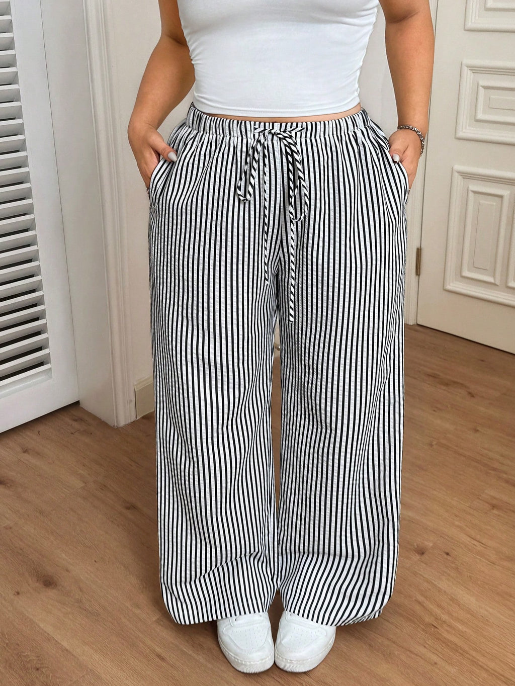 Women Plus Size Stripe Elastic Waist Drawstring Pants