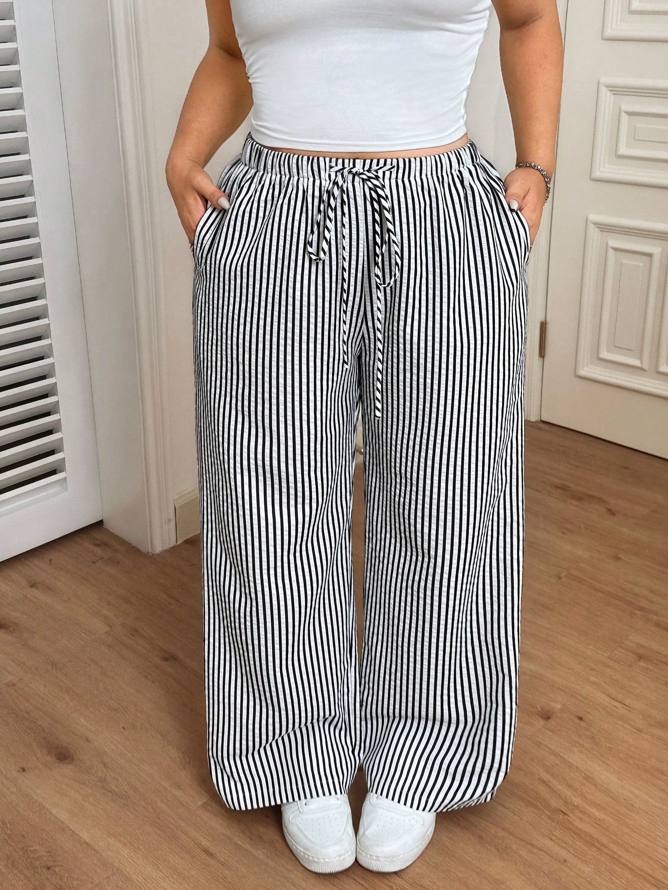 Women Plus Size Stripe Elastic Waist Drawstring Pants