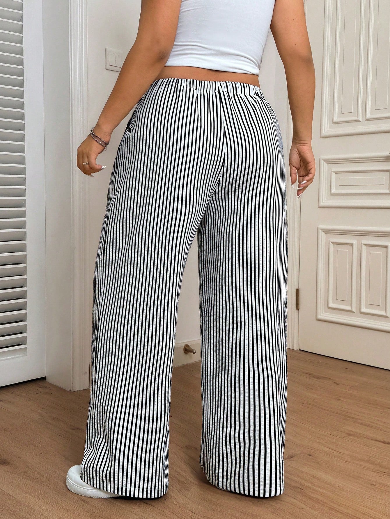 Women Plus Size Stripe Elastic Waist Drawstring Pants