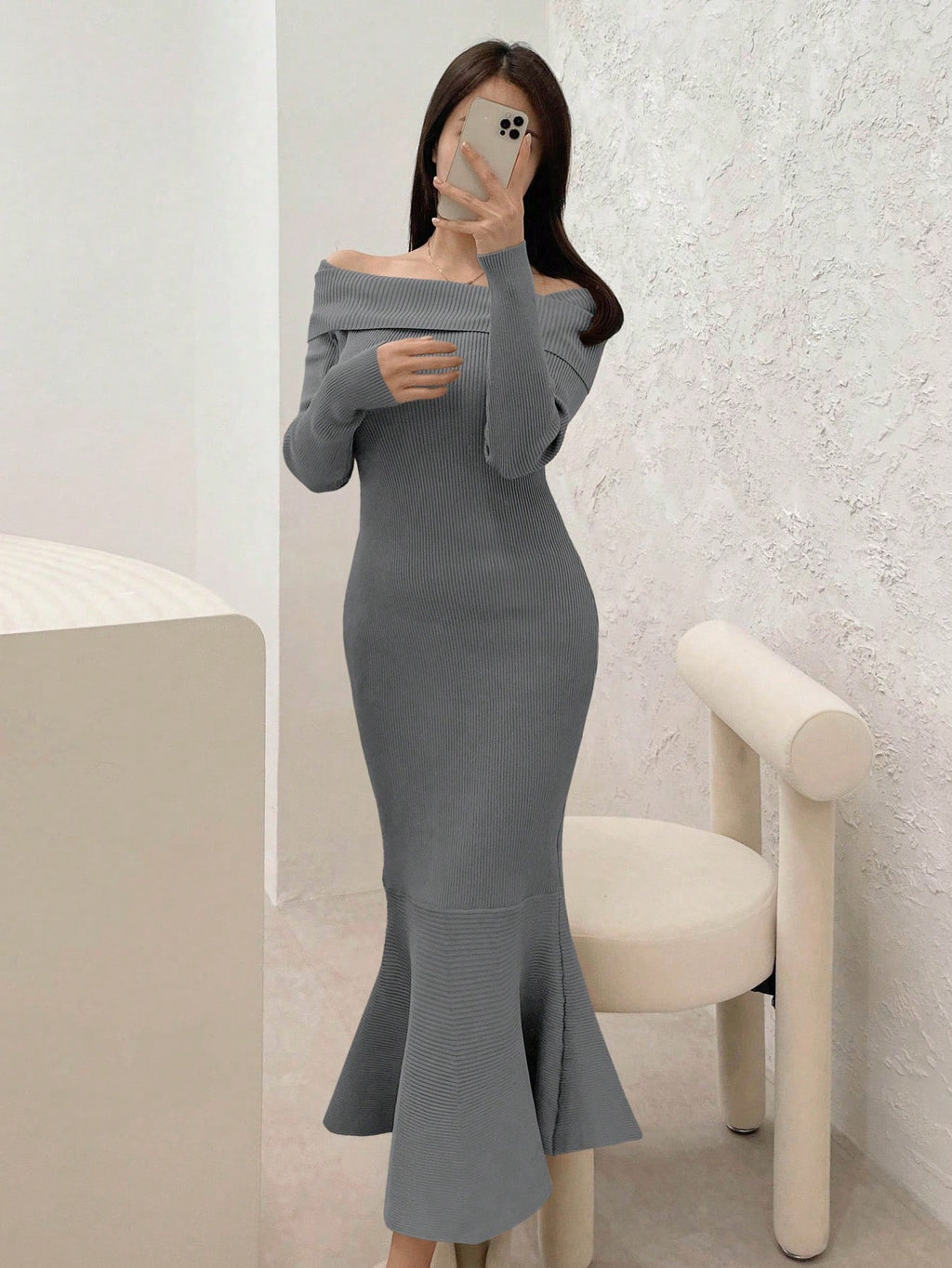 Women's Off-Shoulder Fish Tail Sweater Dress,Fall Clothes - L
