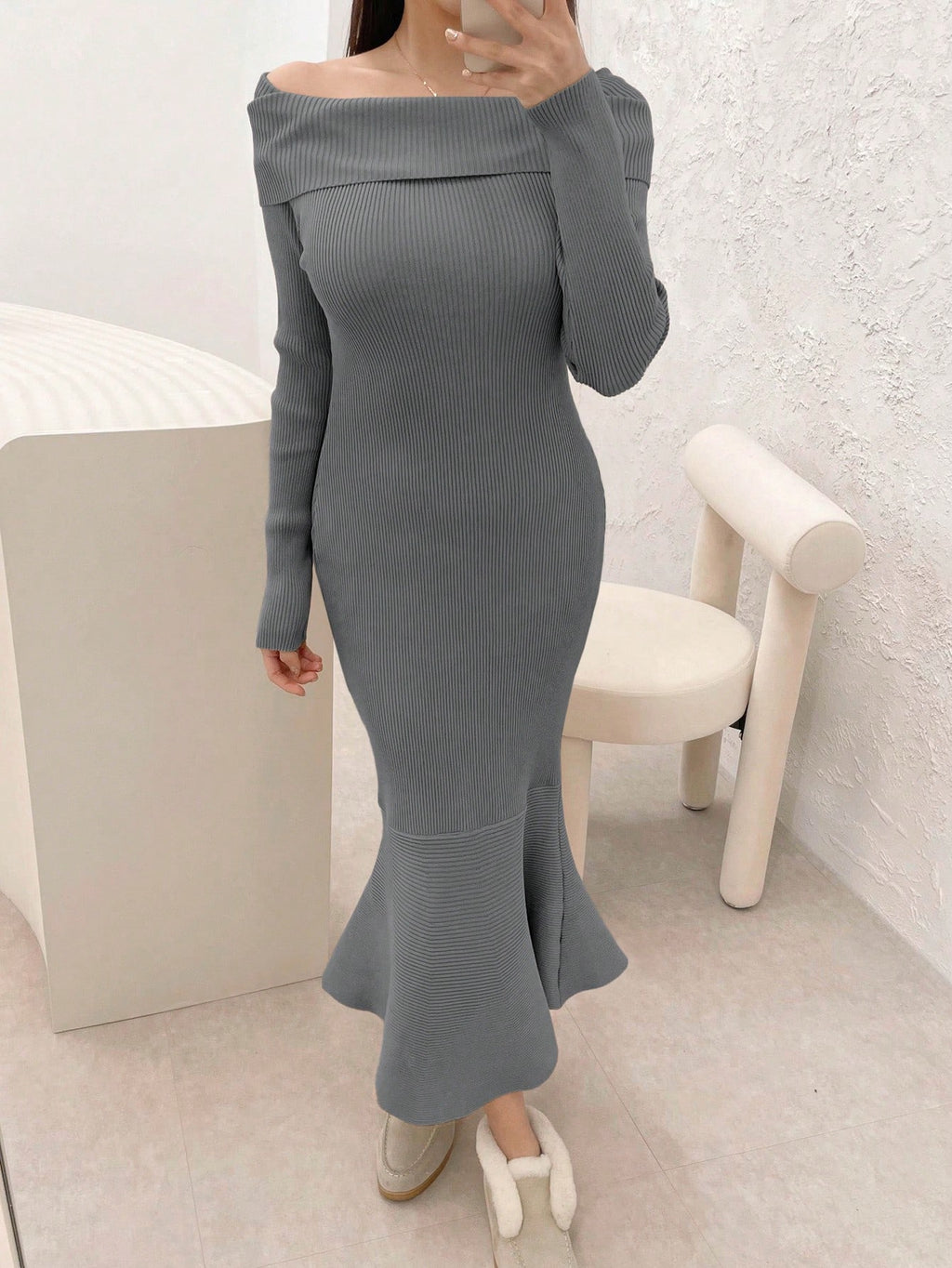 Women's Off-Shoulder Fish Tail Sweater Dress,Fall Clothes - L
