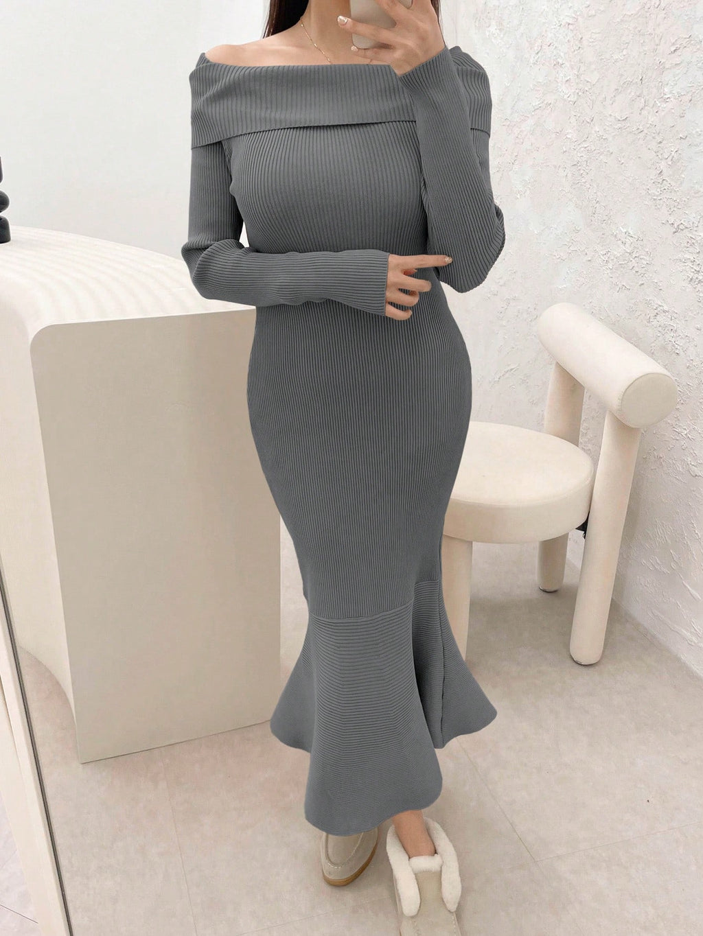 Women's Off-Shoulder Fish Tail Sweater Dress,Fall Clothes - L