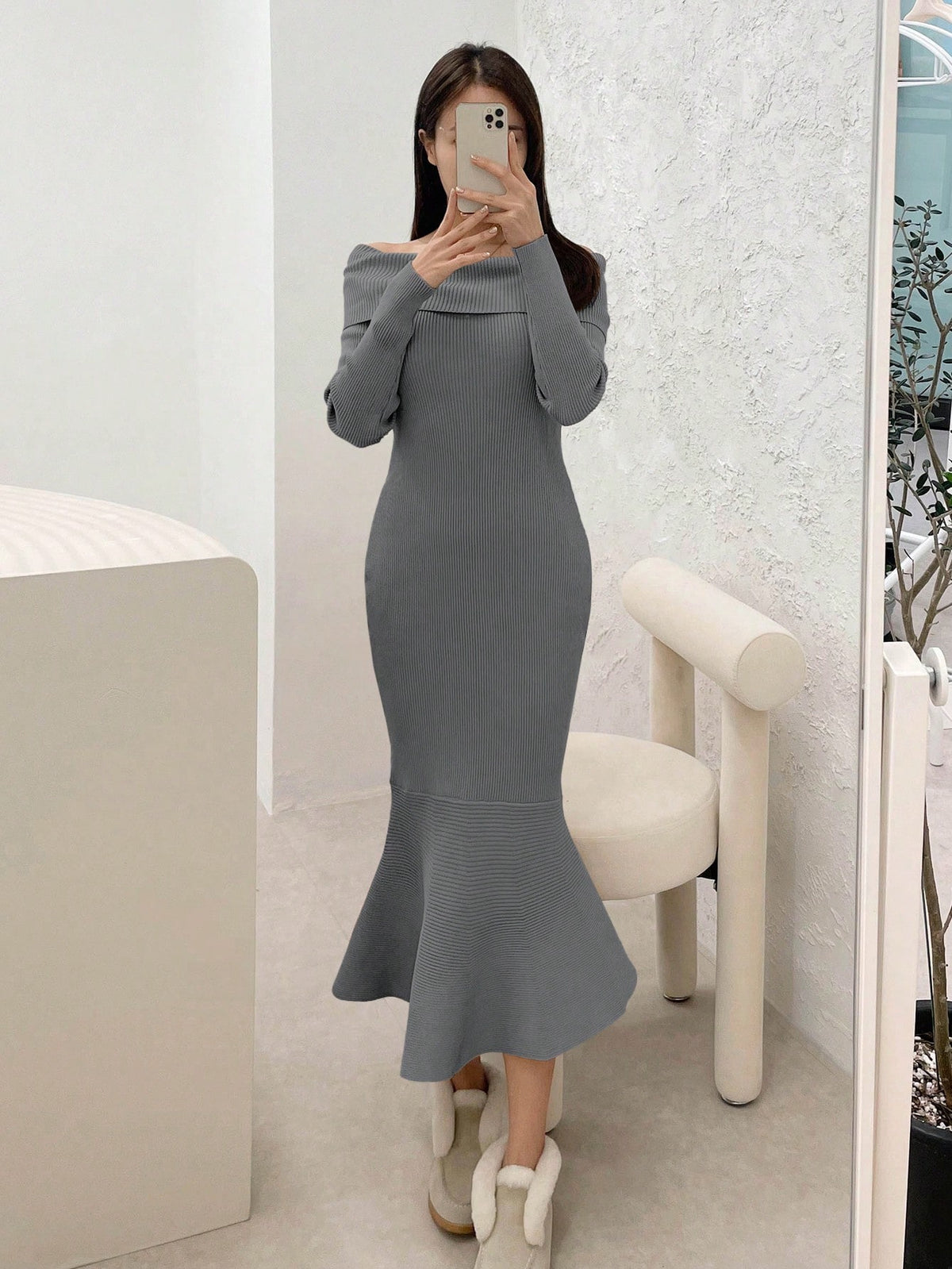 Women's Off-Shoulder Fish Tail Sweater Dress,Fall Clothes - L