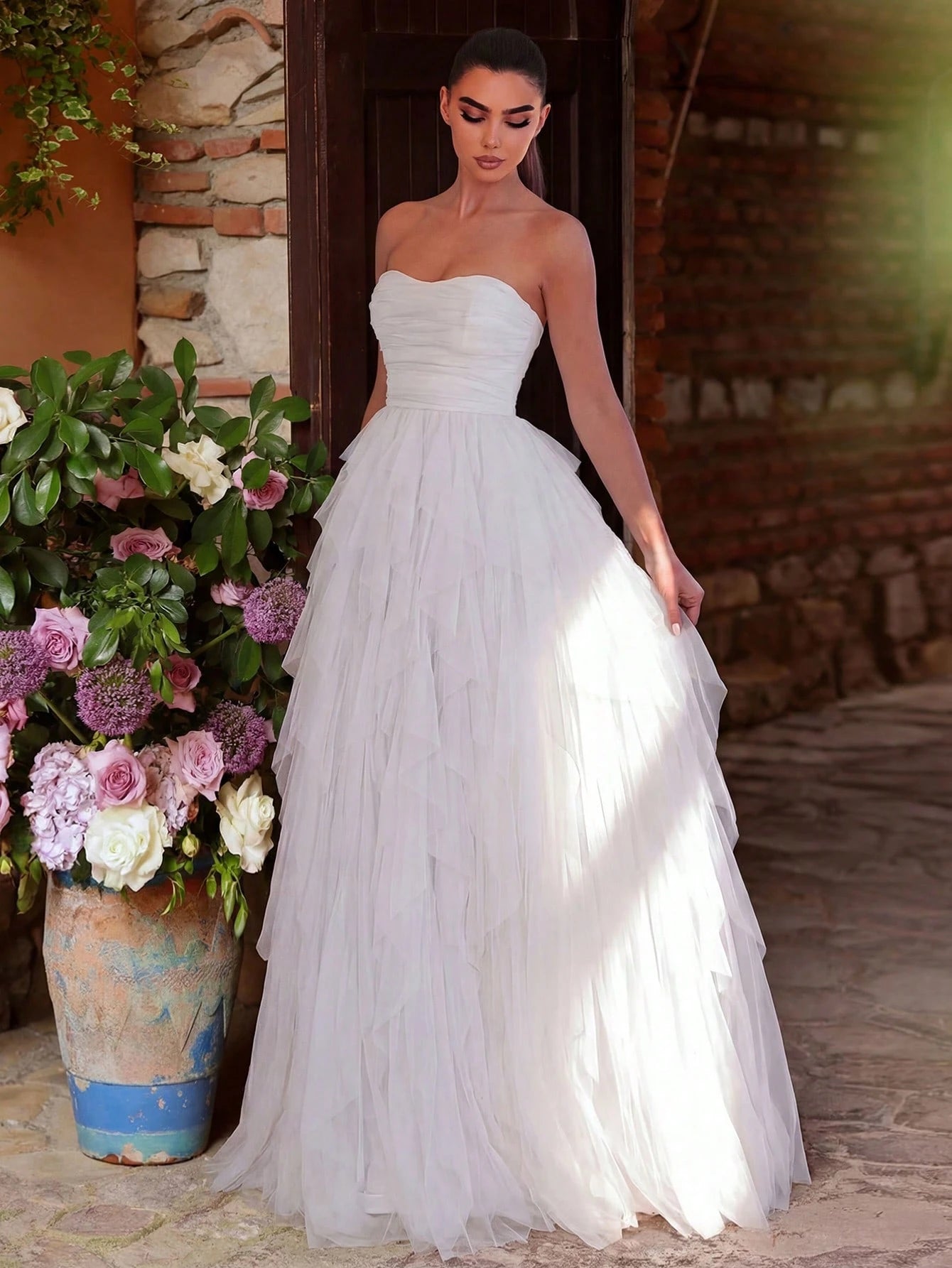 Romantic Strapless Bridal Gown, Layered Ruffled Tulle Dress, A-Line Silhouette Fall Elegant Wedding White