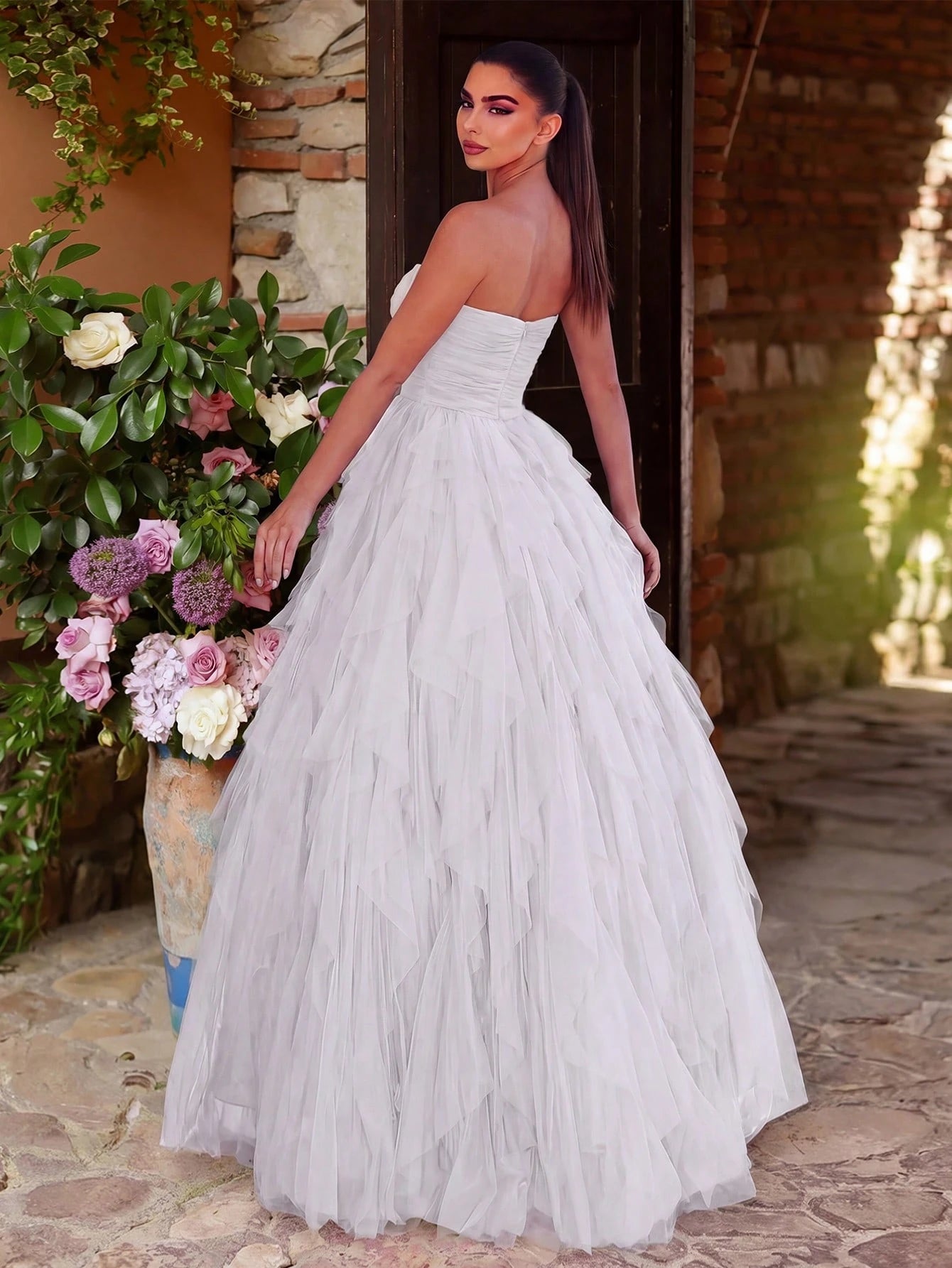 Romantic Strapless Bridal Gown, Layered Ruffled Tulle Dress, A-Line Silhouette Fall Elegant Wedding White