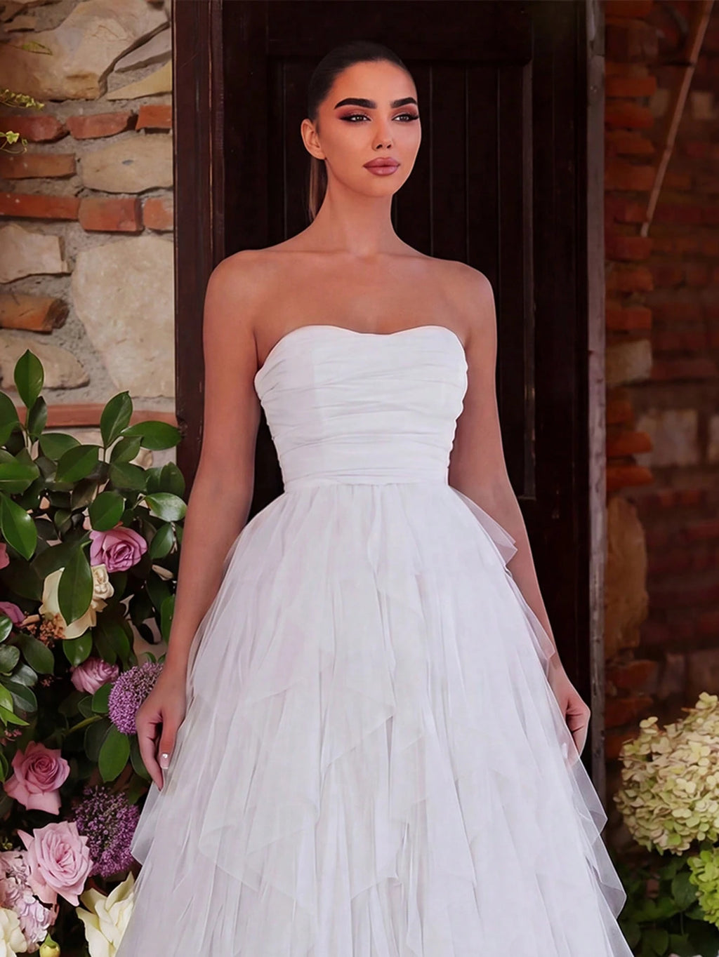 Romantic Strapless Bridal Gown, Layered Ruffled Tulle Dress, A-Line Silhouette Fall Elegant Wedding White