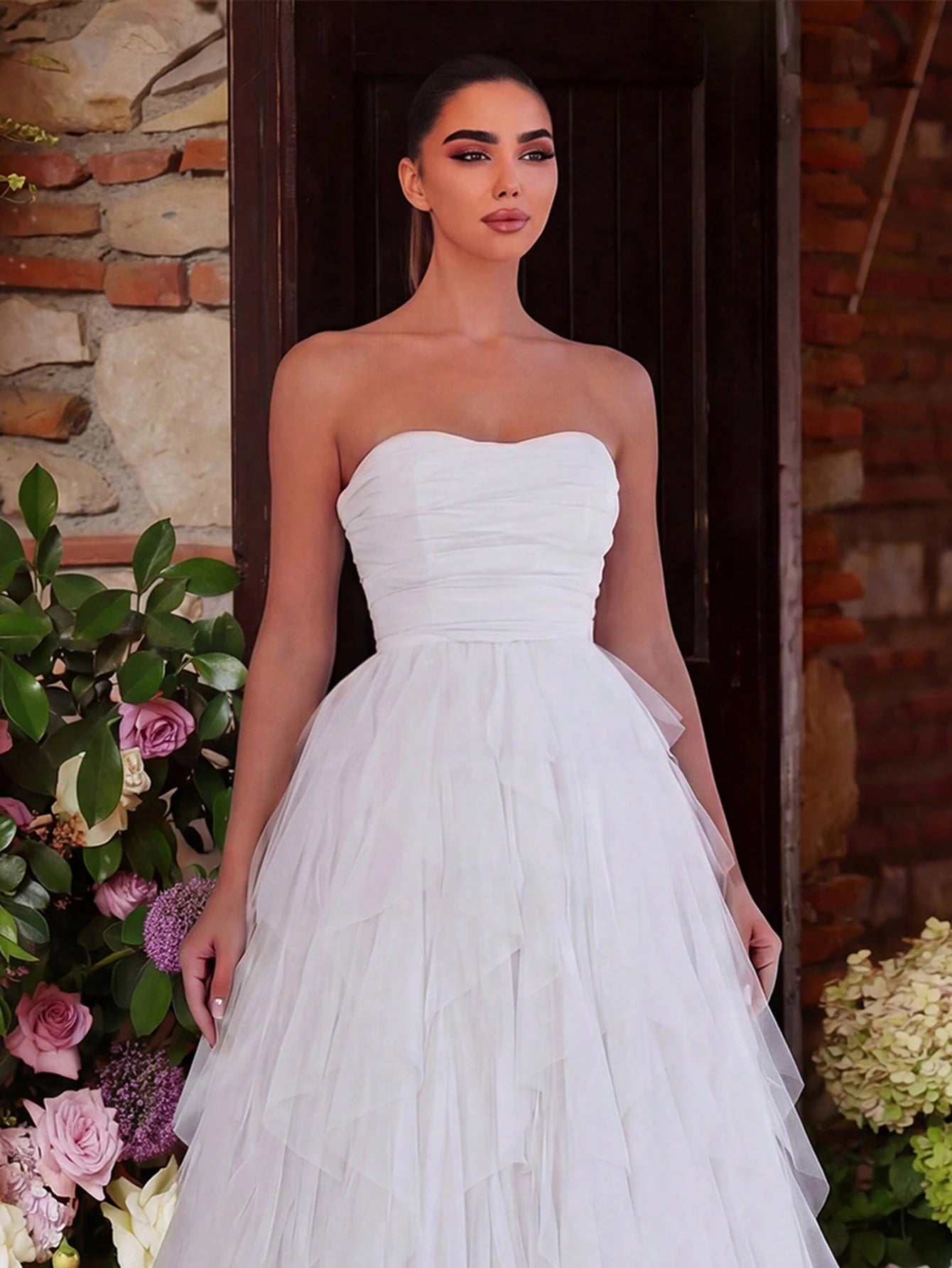 Romantic Strapless Bridal Gown, Layered Ruffled Tulle Dress, A-Line Silhouette Fall Elegant Wedding White