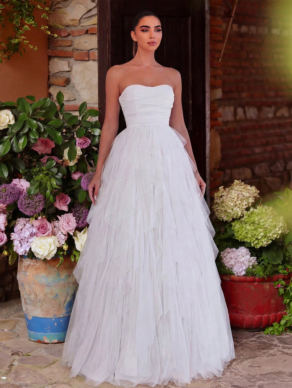 Romantic Strapless Bridal Gown, Layered Ruffled Tulle Dress, A-Line Silhouette Fall Elegant Wedding White