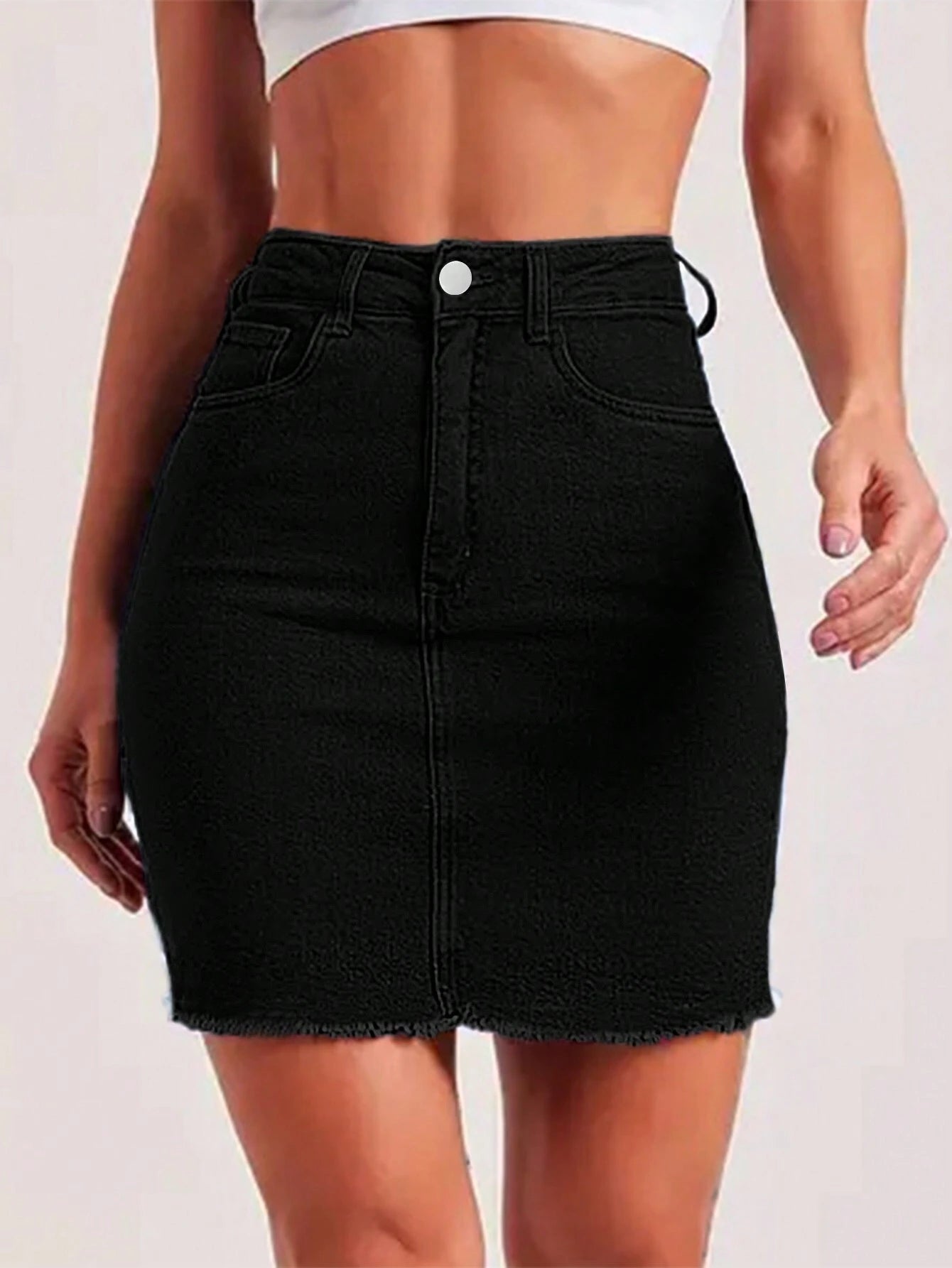 Form-Fitting High-Waist Fringe Trim Denim Skirt Casual Black Summer