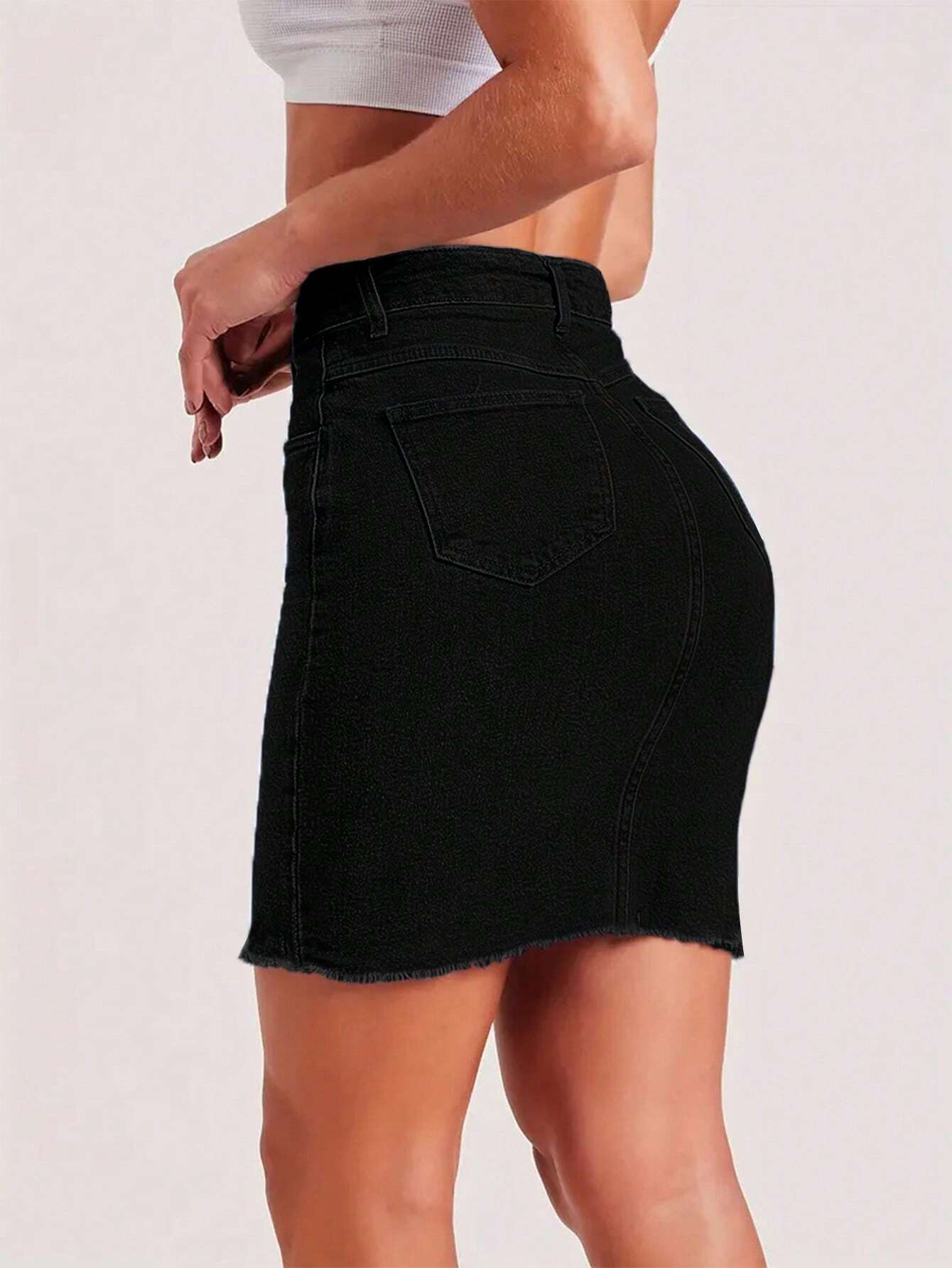 Form-Fitting High-Waist Fringe Trim Denim Skirt Casual Black Summer