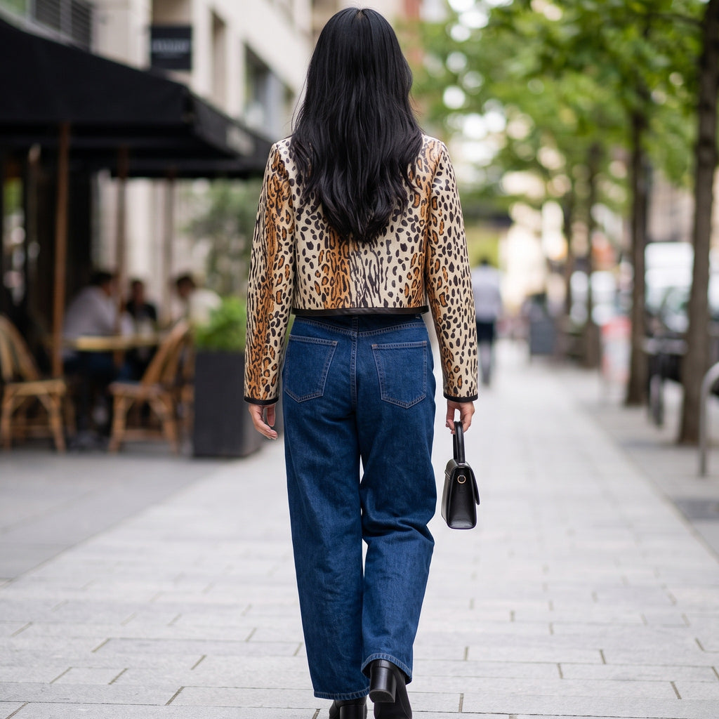 Women's Jacket Leopard Print Contrast Binding Leather Jacket - Small