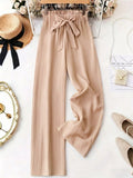 Vertical Striped Pleated Elastic Waist Bow Casual Wide Leg Long Pants Woven Fabric
