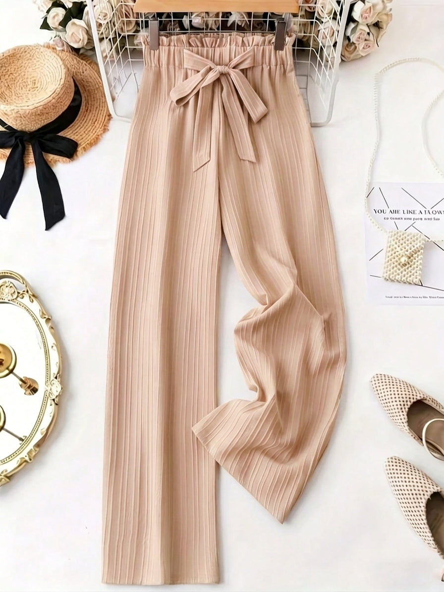 Vertical Striped Pleated Elastic Waist Bow Casual Wide Leg Long Pants Woven Fabric