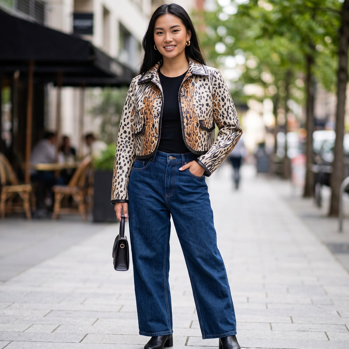 Women's Jacket Leopard Print Contrast Binding Leather Jacket - Small