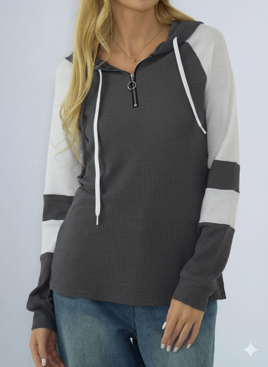 Waffle-knit Raglan Sleeve Zipper Front Hoody - L