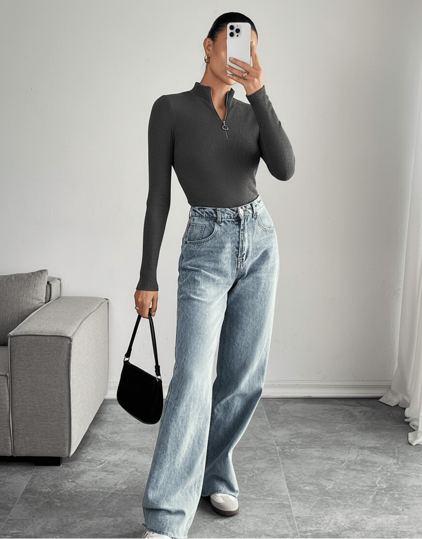 Long Sleeve T-Shirt, High Neck Zip Closure pullover - L